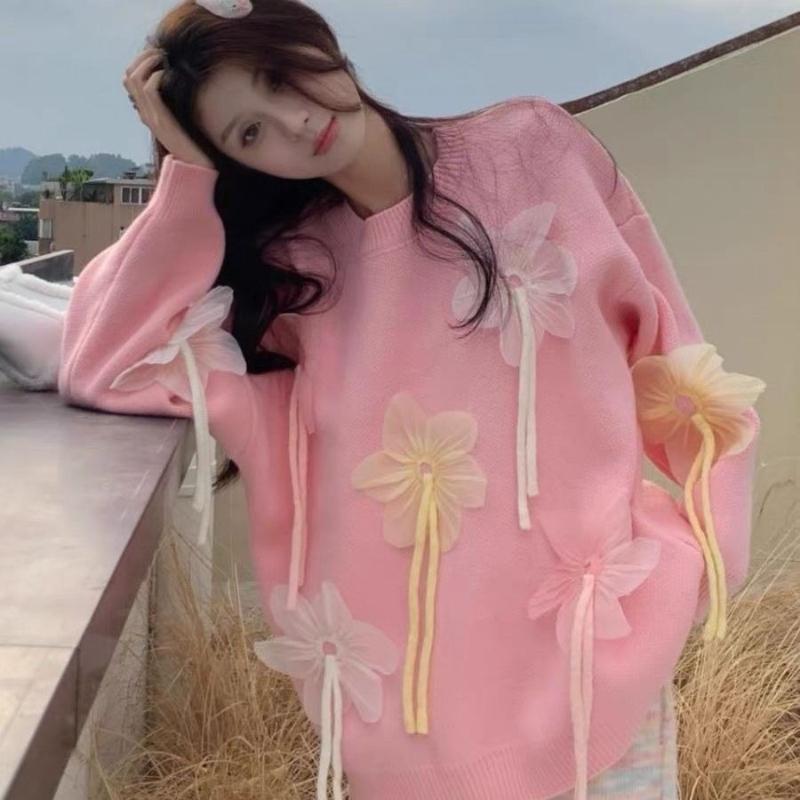Women's Tied Flower Sweater Long Sleeved Round Neck Solid Color Pullover Top Casual Loose Korean Style Woman Trendy Top