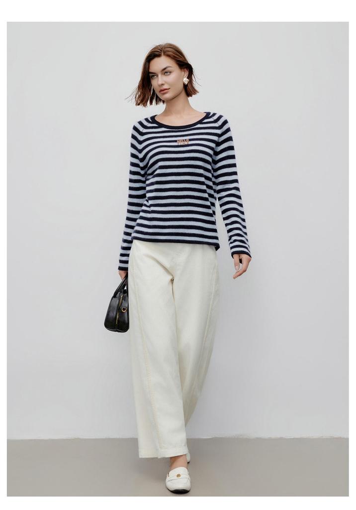 Women's 2026 Spring/Autumn Round Neck 100% Cashmere Knit Outerwear with Striped Letter Design.