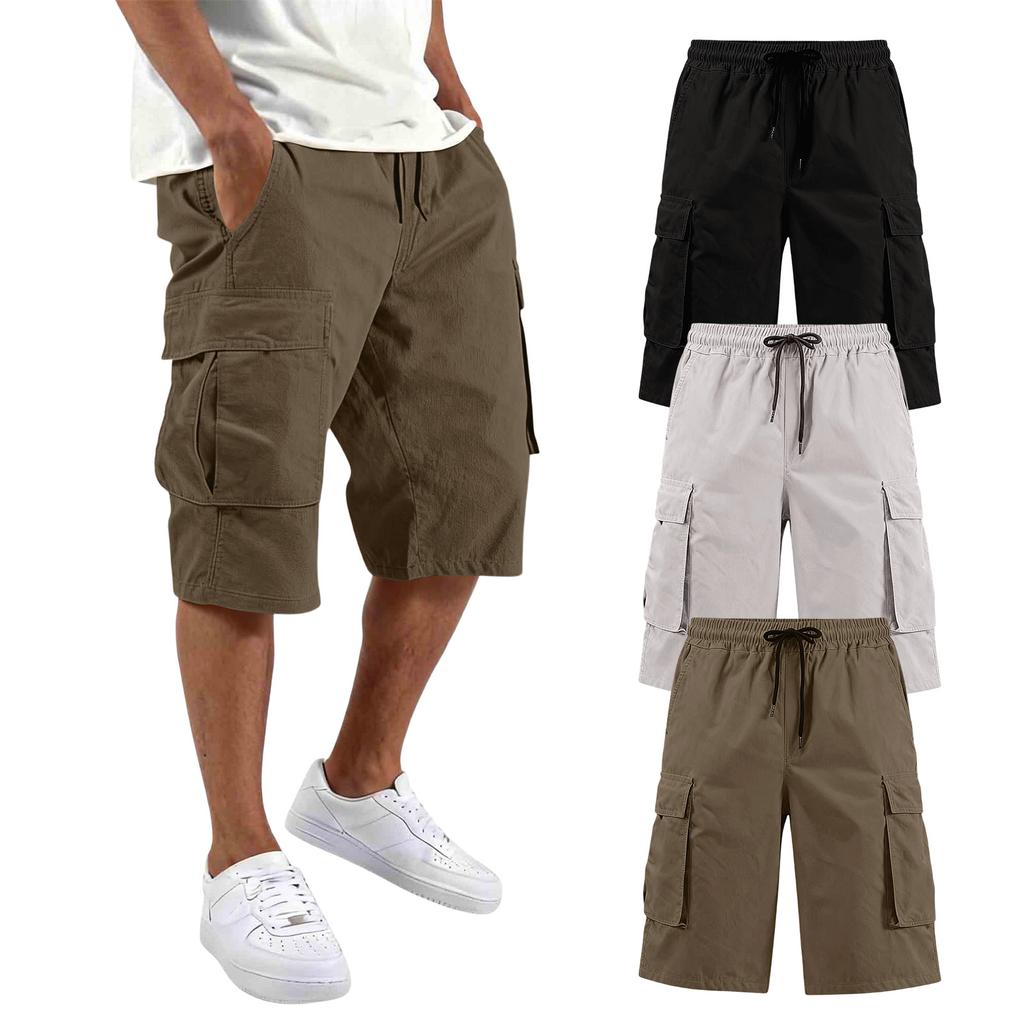 Mens Cargo Shorts 3 Pack Multi Pocket Drawstring Waist Relaxed Fit Knee Length Workwear Shorts for Daily Wear