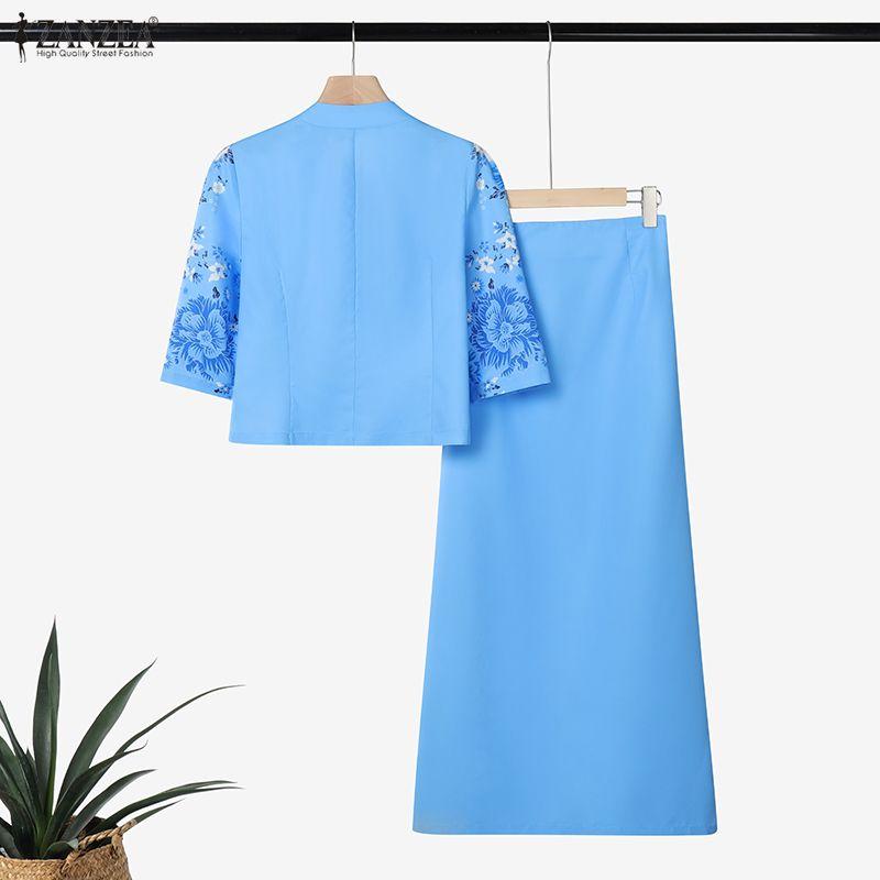 ZANZEA Women 3/4 Sleeve Blouse and Sheath Skirts Floral Print Elegant Two Piece Suit Sets