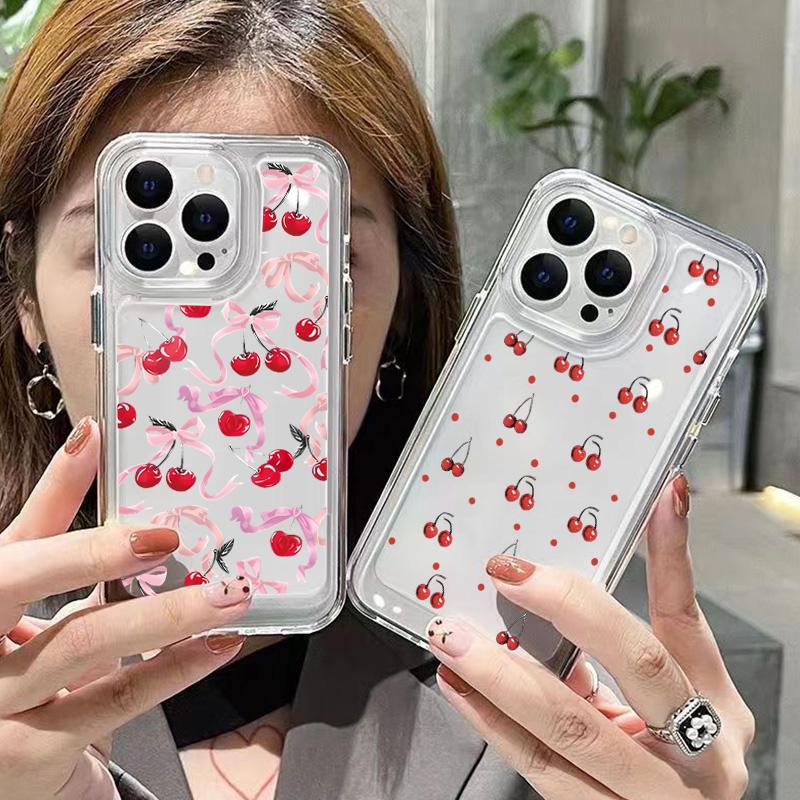 Luxury Shockproof Soft Clear Phone Case For iPhone 16 15 14 13 12 11 Pro Max XS XR 7 8 Plus SE 2020 Cherry Bowknot Pattern Cover