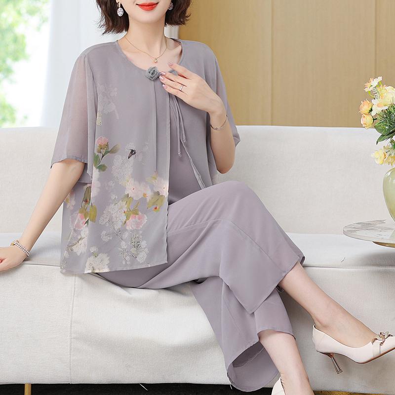Nadměrná velikost 4XL-8XL Letní Oversize Šifonové Dvou dílné Sety Dámské Oblečení Poloviční Rukáv Ležérní Elegantní Volné Široké Nohy Kalhotové Sety