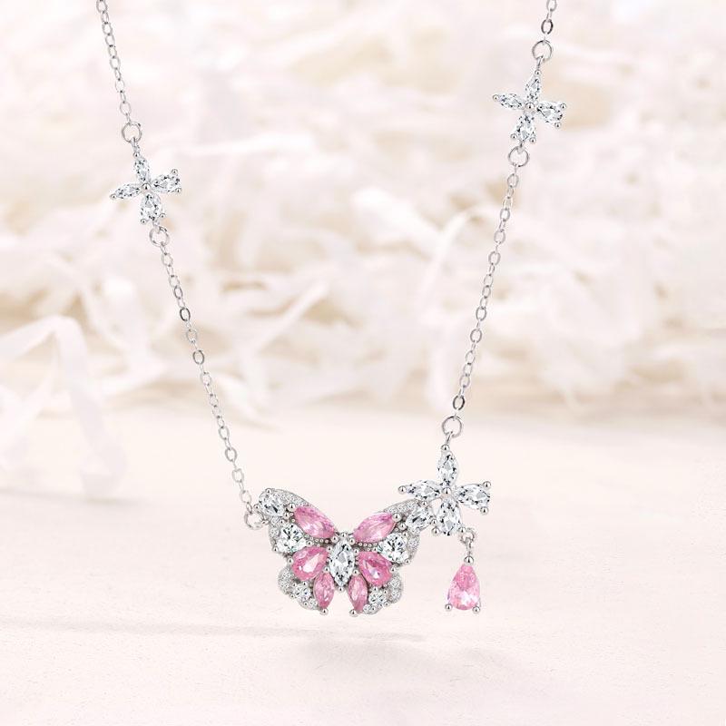 S925 Sterling Silver Dawn Butterfly & Four-Leaf Clover Necklace with Pink Sparkling Diamond Pendant for Women 925 Silver