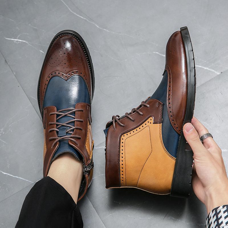 Luxury Brand Men's Boots Fashion Casual High-top Oxford Shoes Formal Chelsea Boots Color-blocking Boots Leather Lace-Up Boots