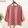 ZANZEA Women Casual Round Neck 3/4 Sleeve Loose Polka Dot Print Blouse