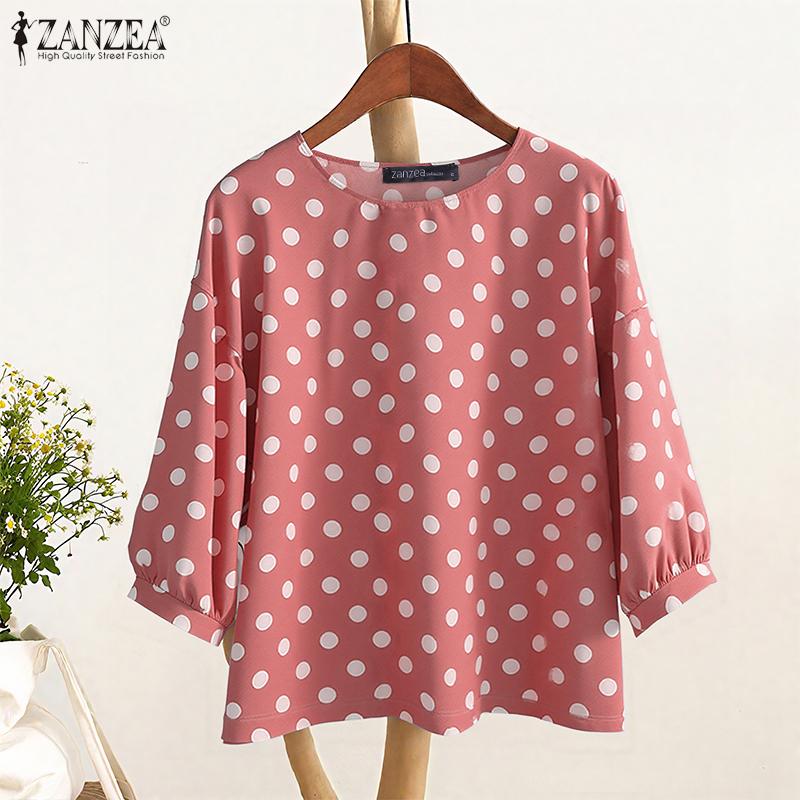 ZANZEA Women Casual Round Neck 3/4 Sleeve Loose Polka Dot Print Blouse