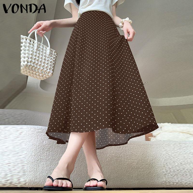 VONDA Women High Zip-up Waist Polka Dots A-Line Long Skirts