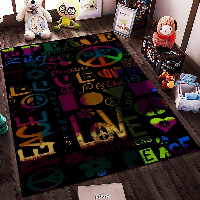 Colorful Peace and Love Symbols Pattern Rug Non-slip rug suitable for living room and bedroom sofas.
