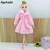 Kids Toy Doll Accessories Winter Warm Wear Pink Fur Coat Mini Clothes Dress For Barbie Dolls Fur Doll Clothing With Waist Belt