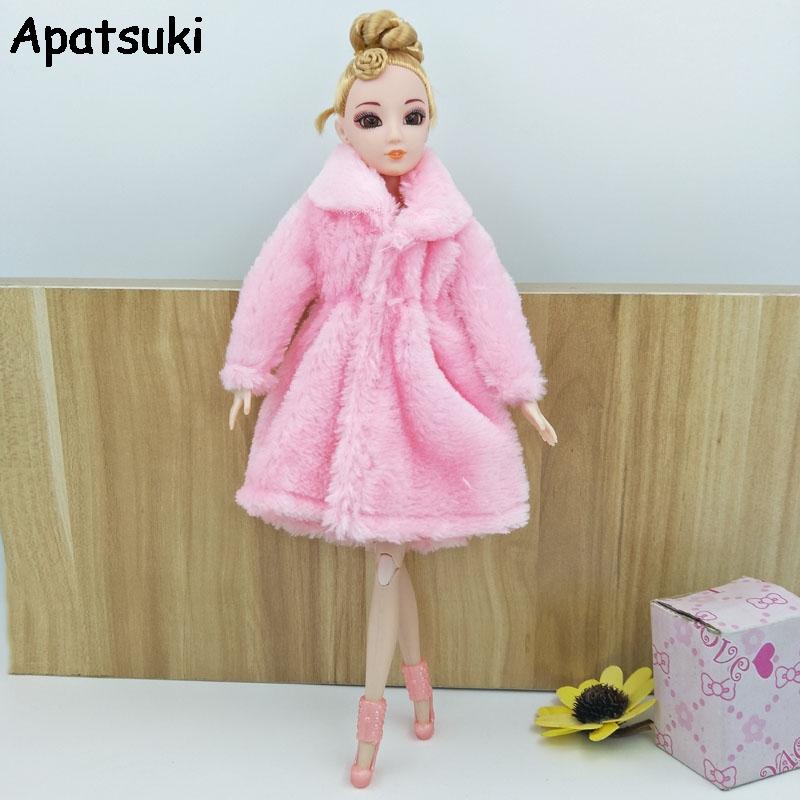 Kids Toy Doll Accessories Winter Warm Wear Pink Fur Coat Mini Clothes Dress For Barbie Dolls Fur Doll Clothing With Waist Belt