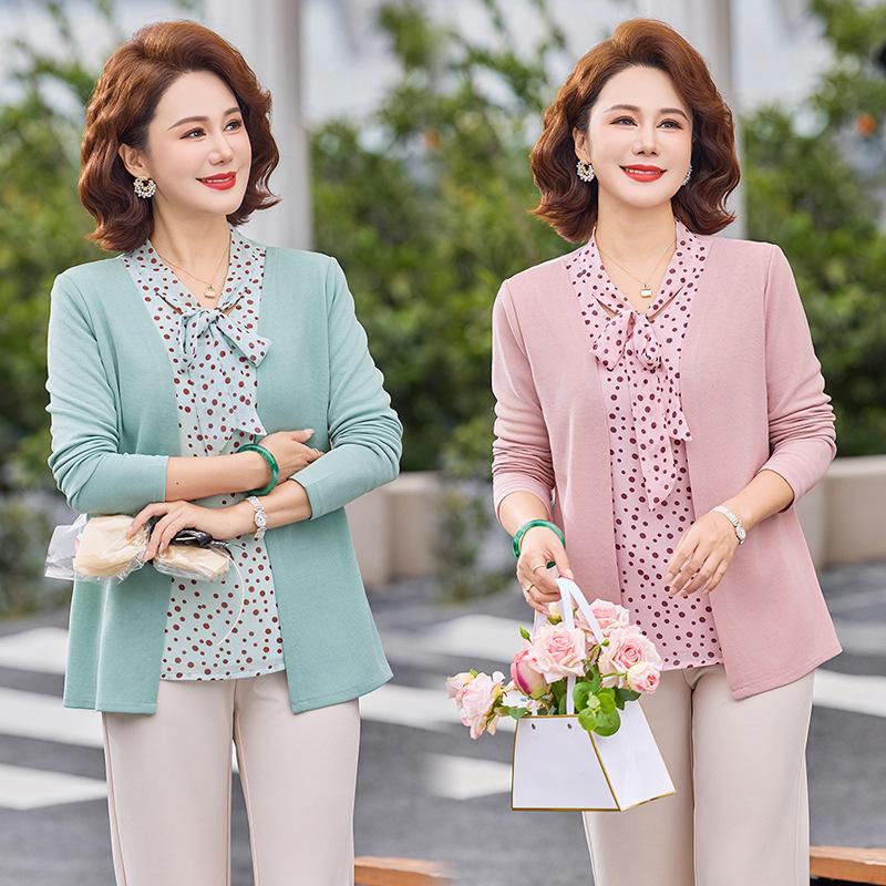 Spring Fashion Knitted Two-Piece Long-Sleeve Shirt for Middle-Aged Women