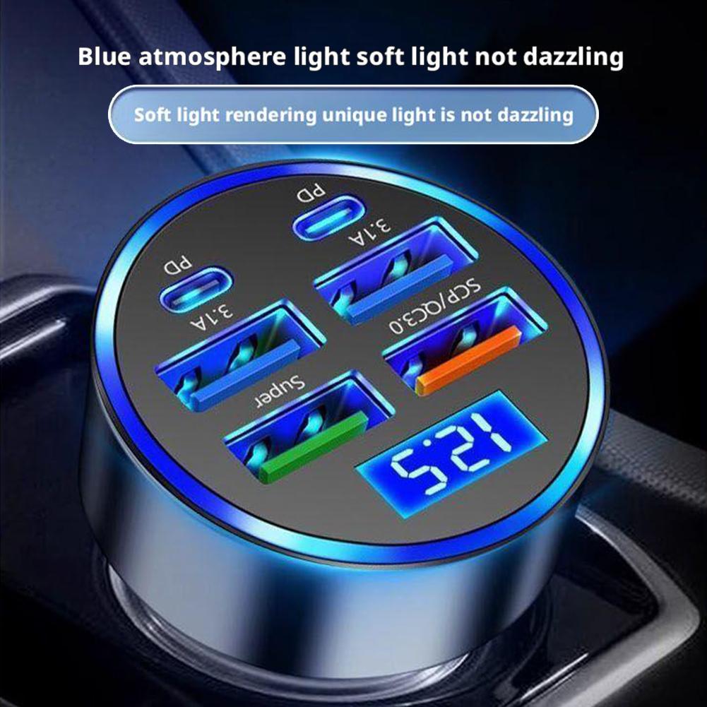 NEW 6Port PD Car Charger QC3.0 Fast Charge Car Cigarette Lighter Plug Car Charger Flash Charge with Digital Display 4USB+2PD