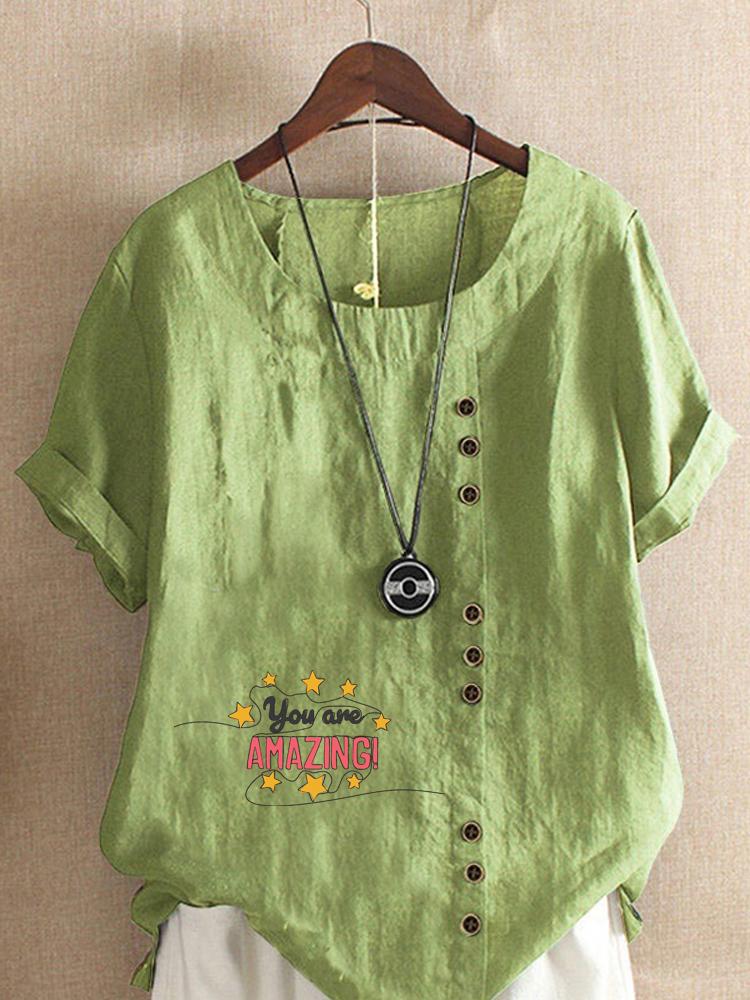 Women's Fashion Letter Print Round Neck Short Sleeve T-shirt Casual Cotton Linen Graphic Shirt Leisure Loose Summer Blouse Tops