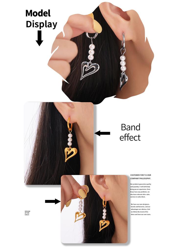 Titanium Steel 18k Gold Plated Heart Earrings with Cross Tassel and Imitation Pearl