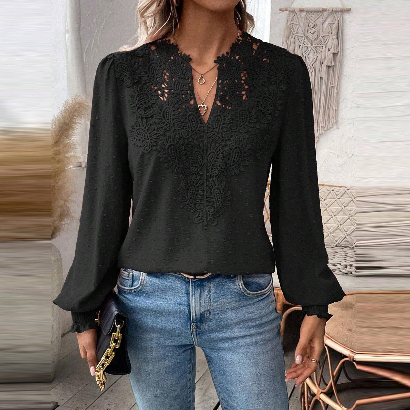 

Женская модная однотонная кружевная футболка с v-образным вырезом и длинными рукавами L чёрный