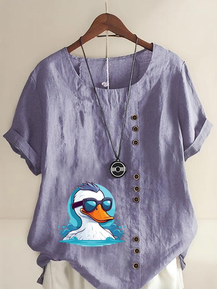 Women's Fashion Cool White Duck Print Casual Cotton Linen Short Sleeve Round Neck T-shirt Shirt Leisure Loose Summer Blouse Tops