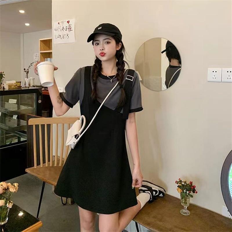 Women's Plus Size Fake Two-Piece Dress Black White Colorblock Casual Summer Short Sleeve A-Line Sundress