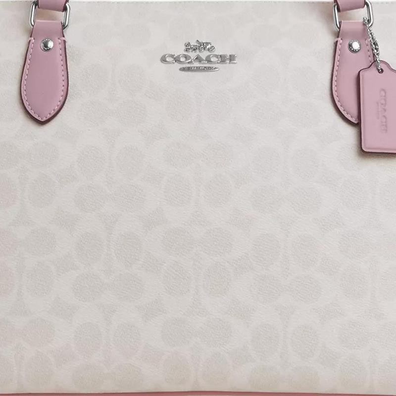 Coach White Signature Canvas Large Zip Tote Bag with Pink Leather Trim for Daily Use