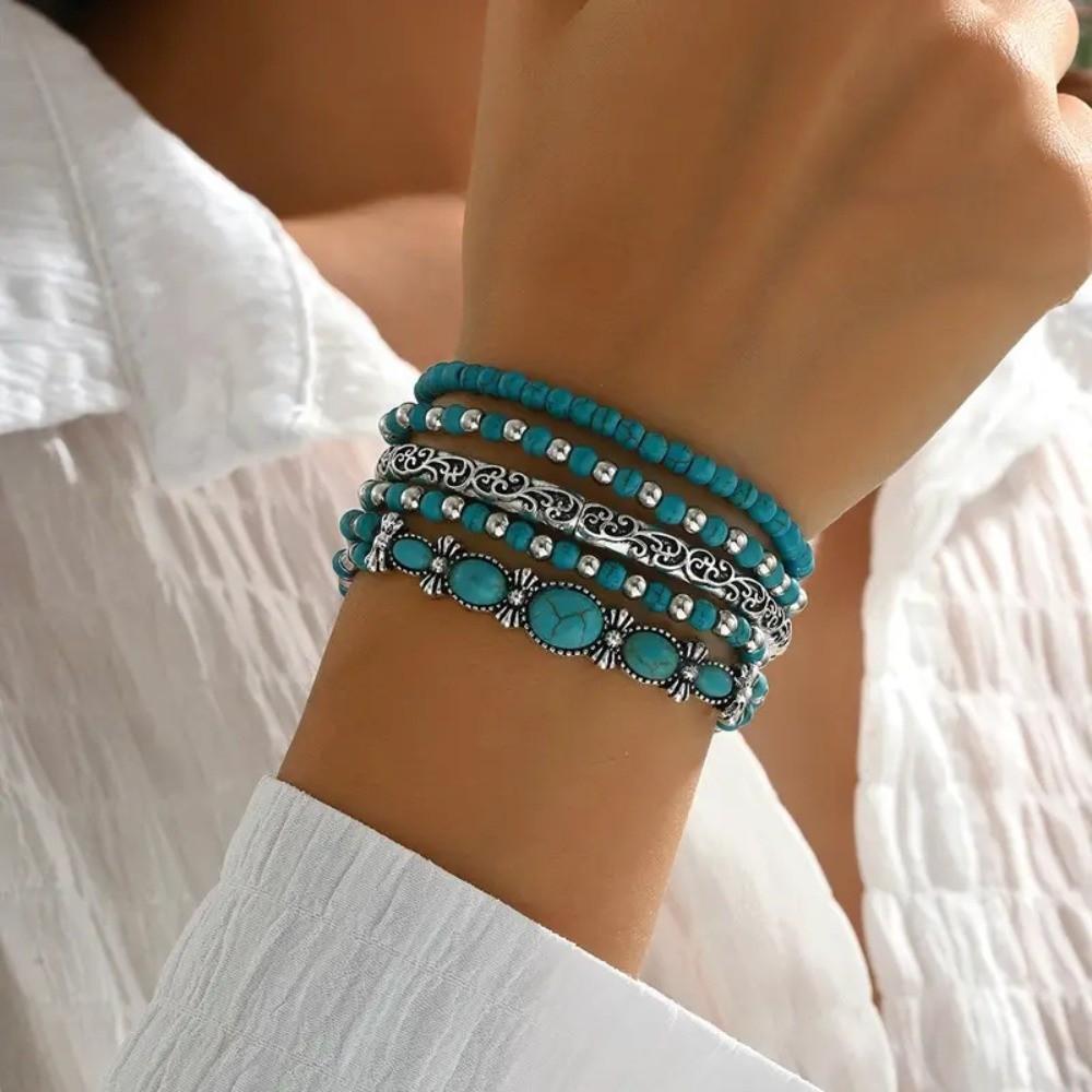 5 Stück Neues Türkis Armband Elastisch Böhmisches Perlenarmband Set Handgefertigt Stapelbar Handkette Geschenke