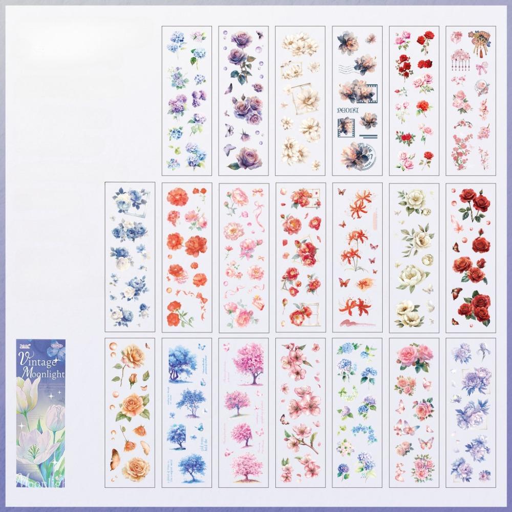 20 Sheets Flowers Scrapbook Stickers Flower Design Transparent Junk Journal Stickers Removable PET Material