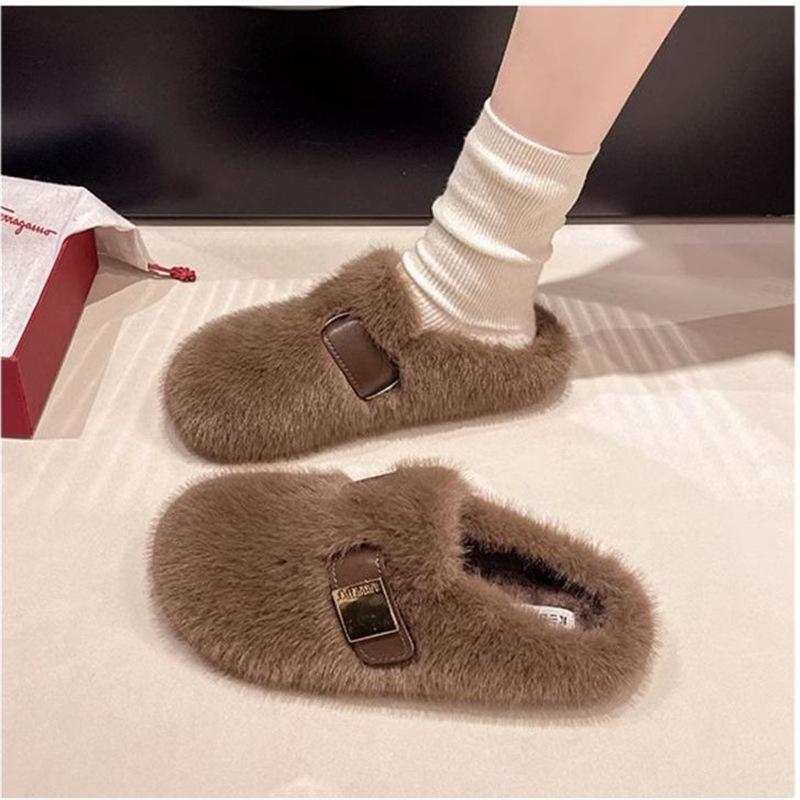 

Birkenstock Shoes With Fleece For Women 2024 Autumn And Winter New Style Furry Slippers Slip-On Fashionable Warm Versatile Flat Half Slippers 40 коричневый