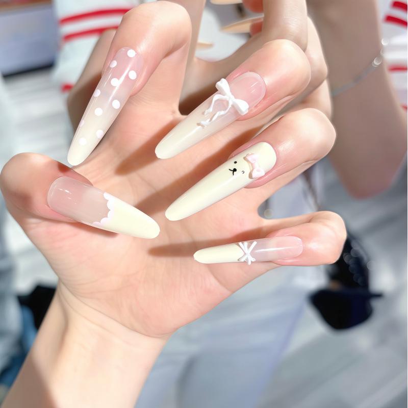 Cream Bear: Handmade Cute Bow French Manicure Fashion Nails