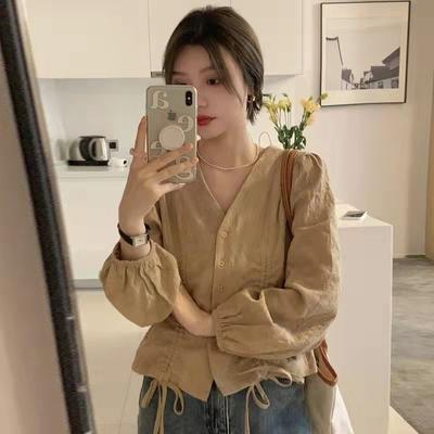 Damenmode, lässig, Frühling und Herbst, einfarbig, langärmelig, V-Ausschnitt, Blusen und Hemden