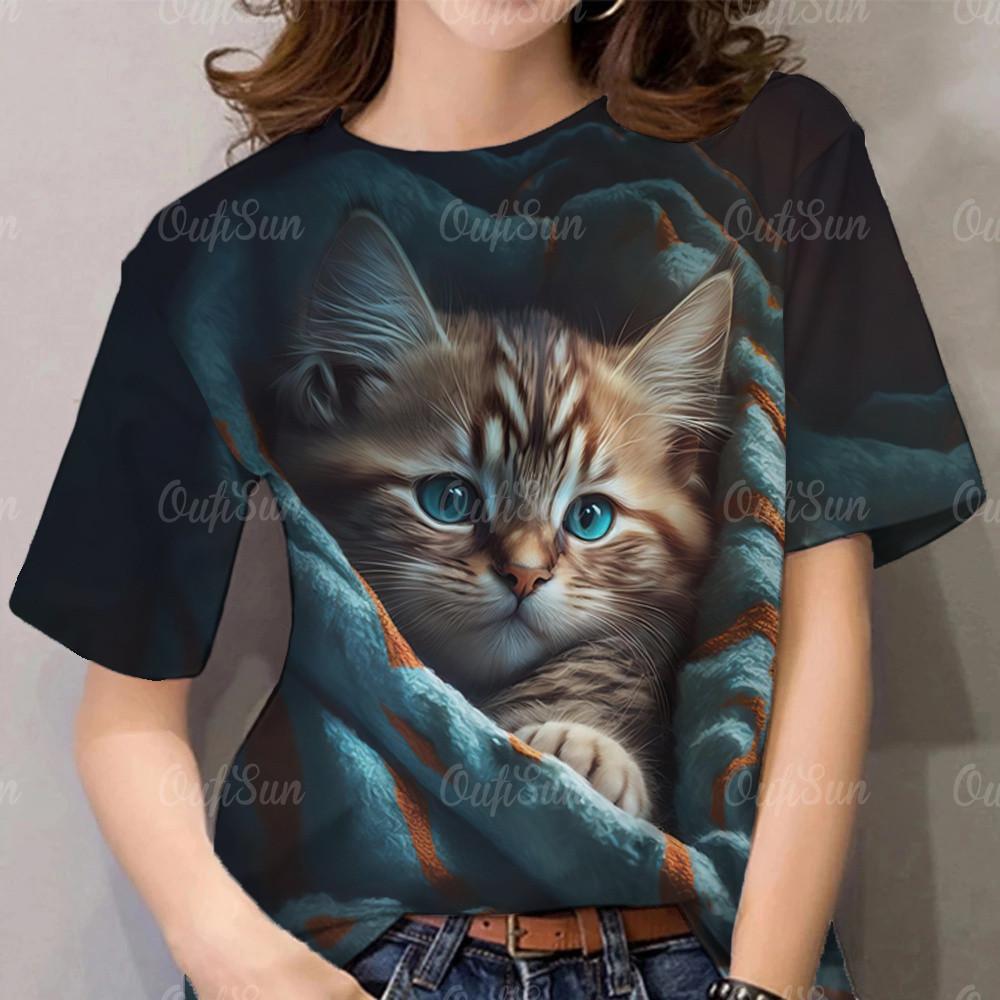 Cute women's T-shirt, cute cat print top, fashionable cartoon pattern T-shirt