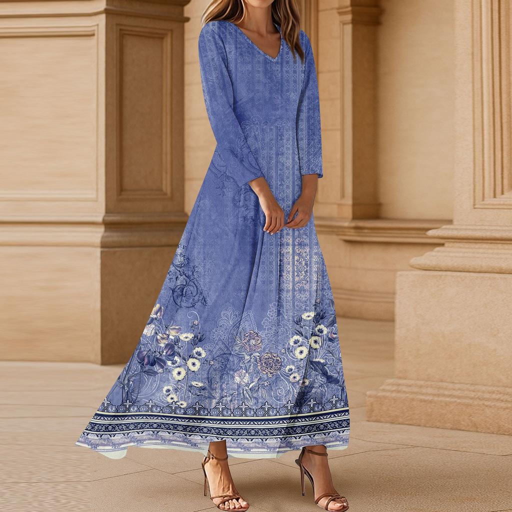Kjoler For Damer Vintage Blomst Tunika Midjet Midi Kjole Sommer Casual 3/4 Ermet Kjole