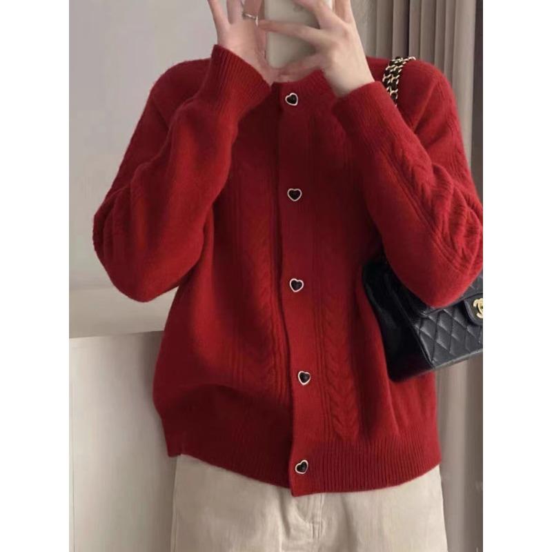Autumn and winter new solid color versatile soft waxy love buckle knitted cardigan women's fashion sweater jacket