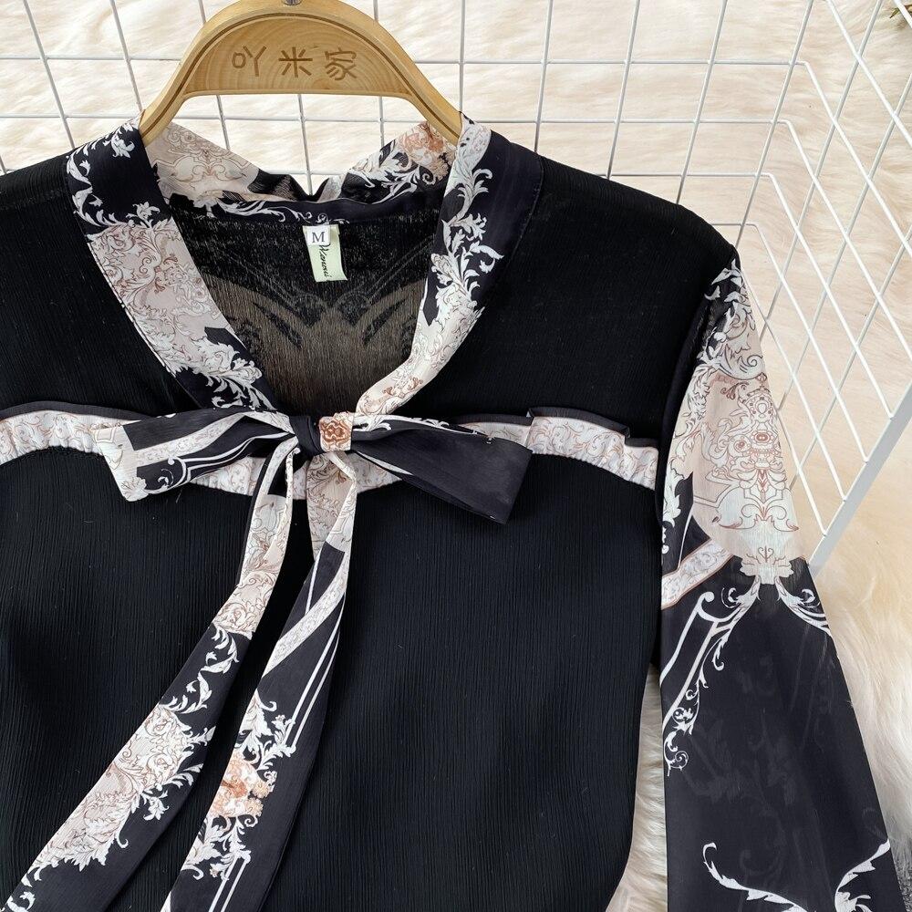Fashion Suit Female Celebrity Temperament Ol Professional Bow Chiffon Shirt Two-Piece Set High Waist Hip Skirt Spring