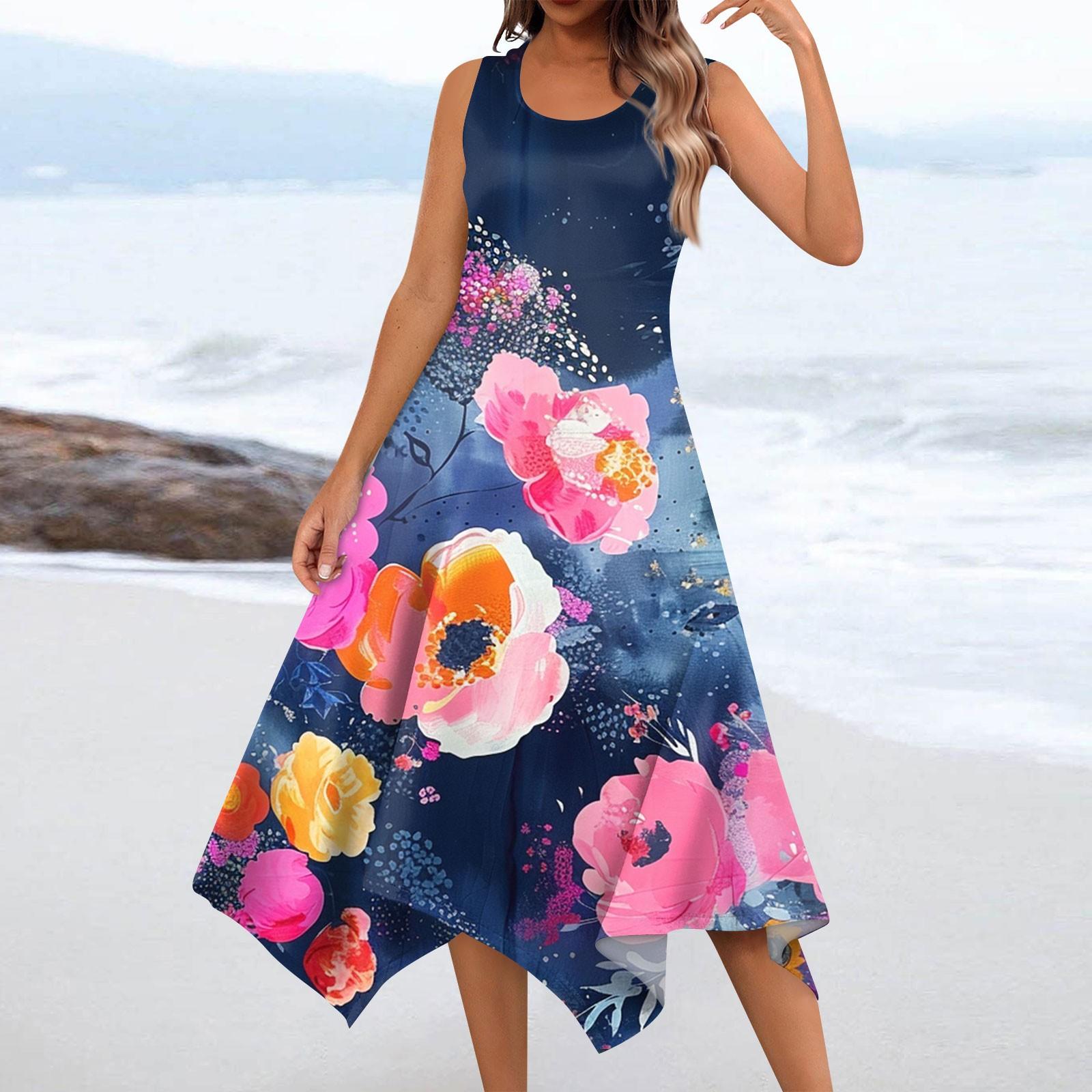 

Женское повседневное модное платье миди без рукавов с круглым вырезом и нерегулярным подолом с цветочным принтом XXL розовый