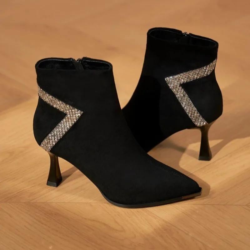 

Ботильоны на высоком каблуке-шпильке с острым носом из шлифованной овчины, Осень/Зима 2026, с кристаллами, женские, хлопковые, элегантные 35 чёрный