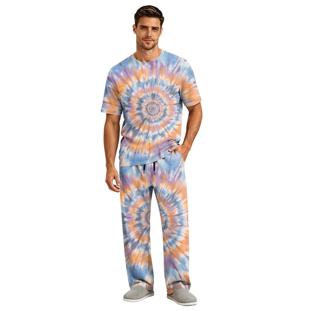 Men's Short Sleeve Pajama Set with Button Fly and Elastic Drawstring Waist for Comfortable
