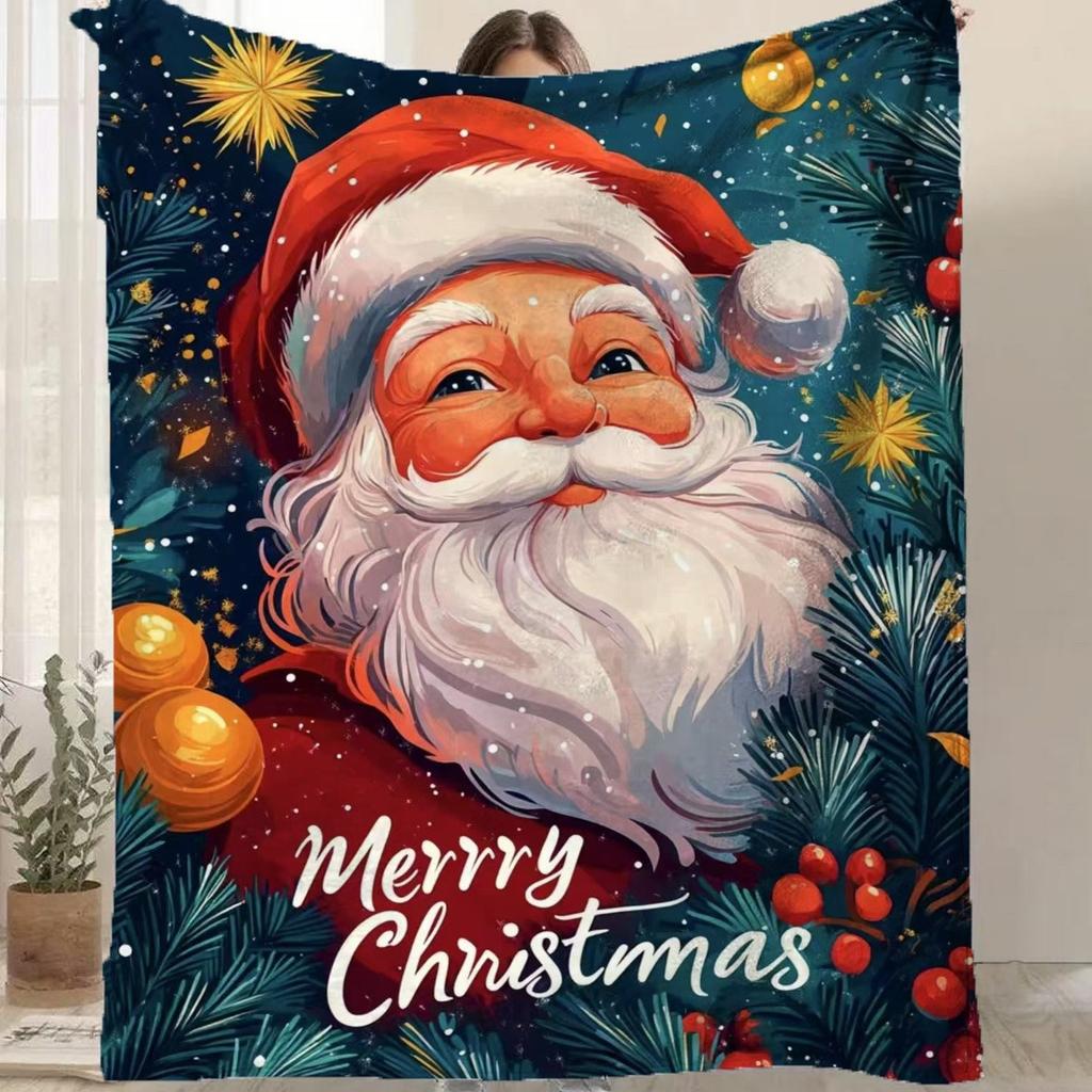 Cartoon Santa Claus Printed Blanket for Sofa Bed Travel Camping Living Room Office Conditioning Blanket for All Seasons Gifts