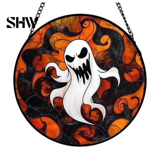 Unique Wall Hanging Art Retro Halloween Pendant, Ghost/Bat/Spider Web/Pumpkin Head Print, Old School Horror Room Decor Vintage Acrylic Ornament
