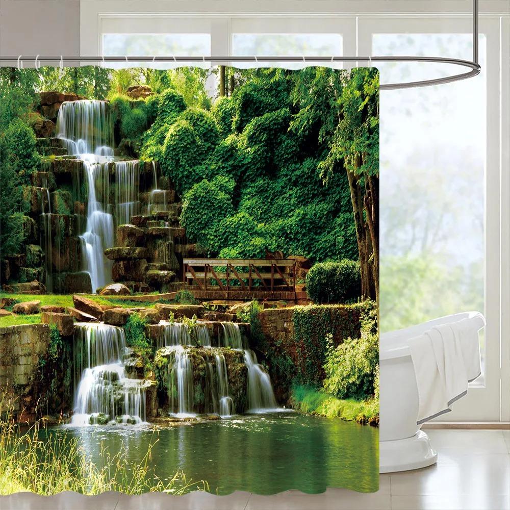 Tropical Forest Shower Curtain Green Plants Nature Landscape Hanging Curtain Polyester Fabric Bathroom Decoration Set With Hooks