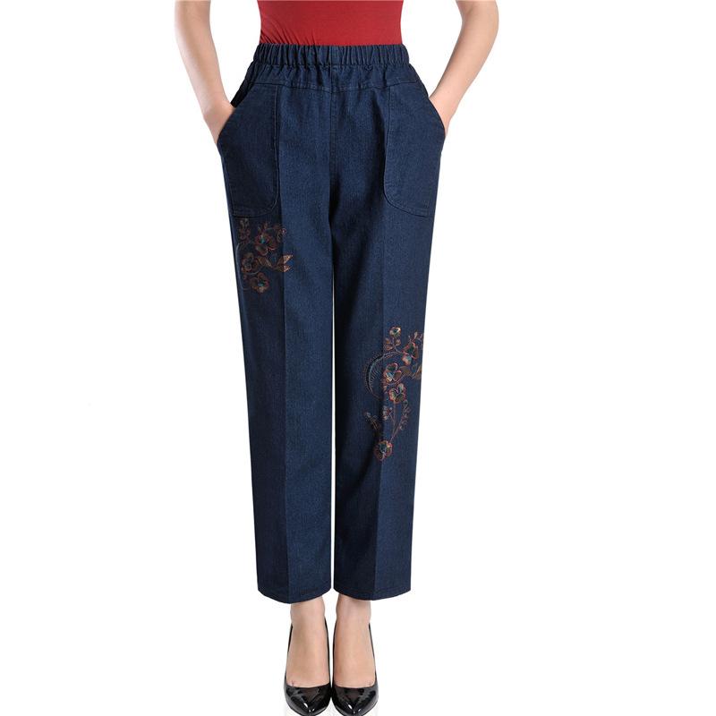 Middle Aged and Elderly Mother's Pants Elastic Waist Loose Straight Pants Embroidered Women's Pants