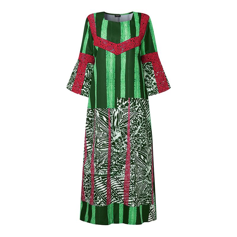 Plus Size Women 3/4 Sleeve Floral Striped Print Casual Loose Long Maxi Kaftan Dress