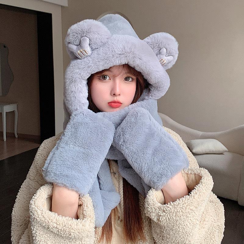 Women's Winter Rabbit Plush Hat, Scarf & Gloves Set - Cute, Thick, and Windproof.