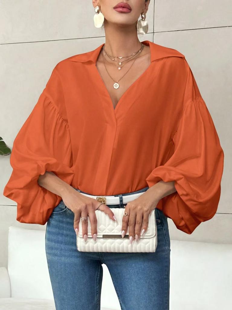 Women's Polka Dot V Neck Oversized Blouse Puff Long Sleeve Loose Shirt