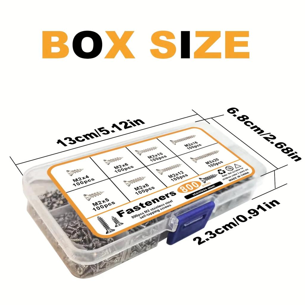 800 Stück Selbstschneidende Holzschrauben Set, M2 Phillips Flachkopf Blechschraube, Selbstschneidende Schrauben Sortimentskasten