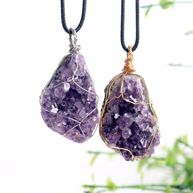 Natural Amethyst Crystal Pendant Wire Wrapped Raw Cluster Necklace Handmade Healing Gemstone Jewelry for Women Men Energy Gift