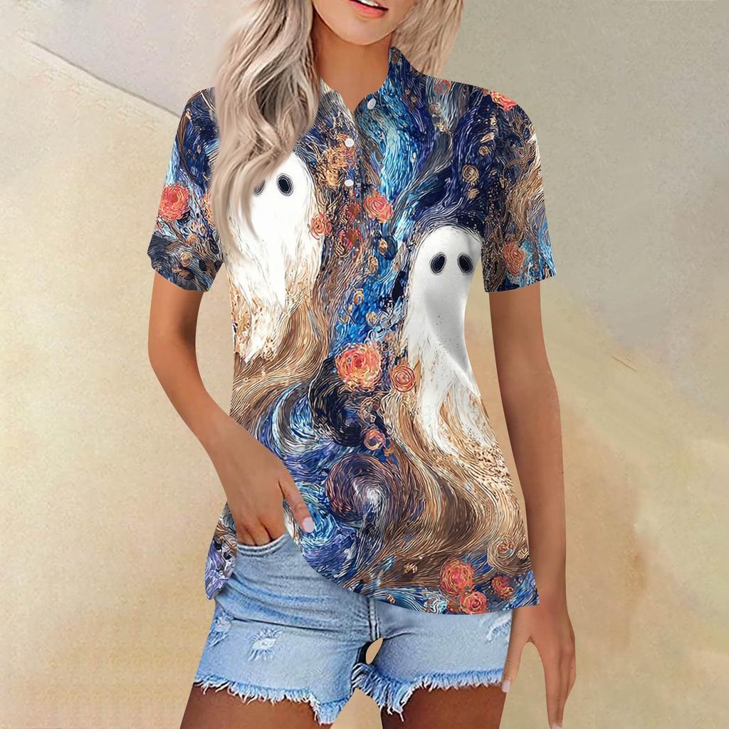 Women's Fashion Casual Lapel Short Sleeve Printed Shirt Women's Button Up Tops