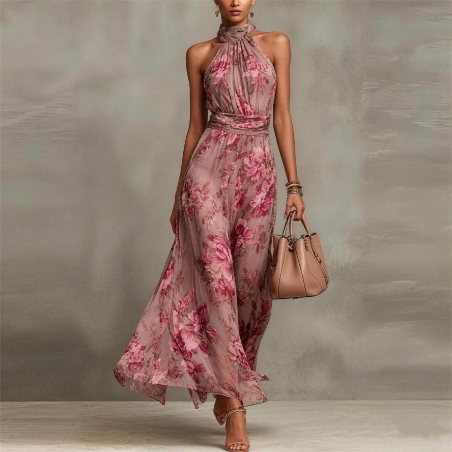 YYFS Abiti casual senza maniche con stampa floreale, a vita alta, con scollo a V, alla moda estiva da donna