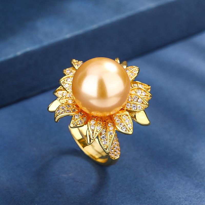 Jewelry Copper Platinum Plated With Simulation Pearl Flower Diamond Women'S Ring 14Mm