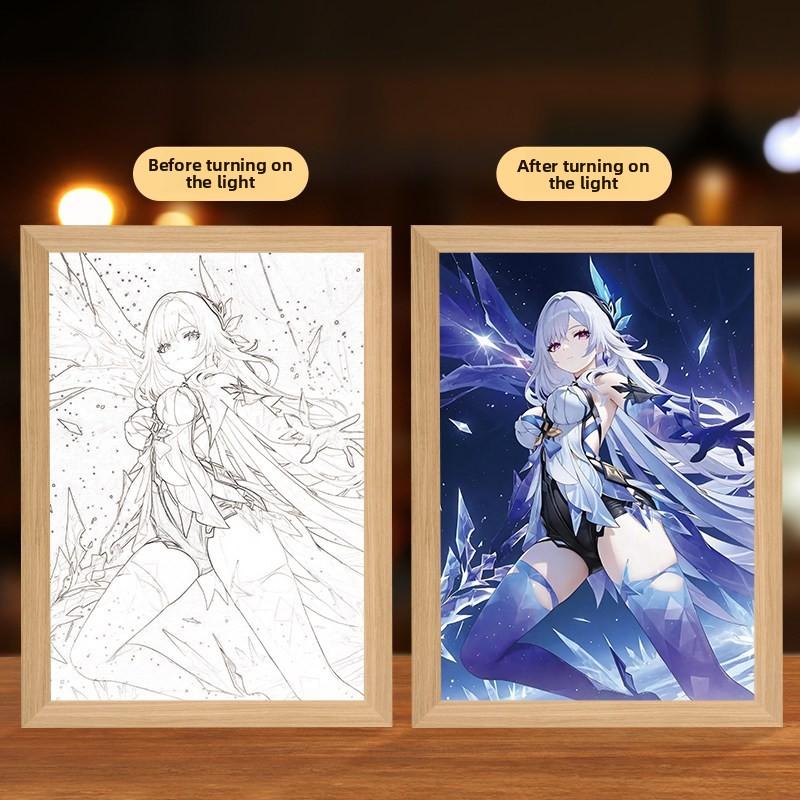 23cm/9.06in Genshin Impact Game Figure Mirror Light Painting Skock Peripherals Led Night Collectible Gift Birthday Bedroom Decor