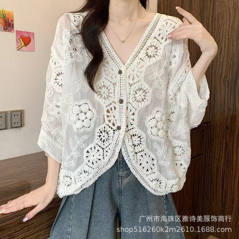 Fashion loose and thin hollow crochet knitted sweater women's new foreign style unique chic cardigan long-sleeved top