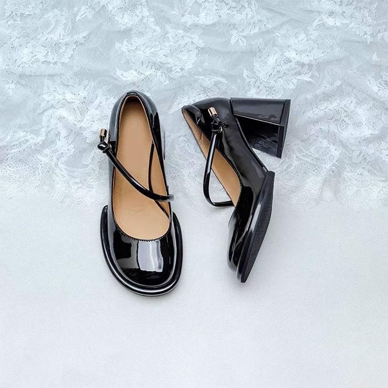 Damenschuhe mit dickem Absatz, Frühjahr 2025 neu, Lackleder, flacher Ausschnitt mit Rock, Nischendesign, kleiner, frischer, französischer Mary Jane