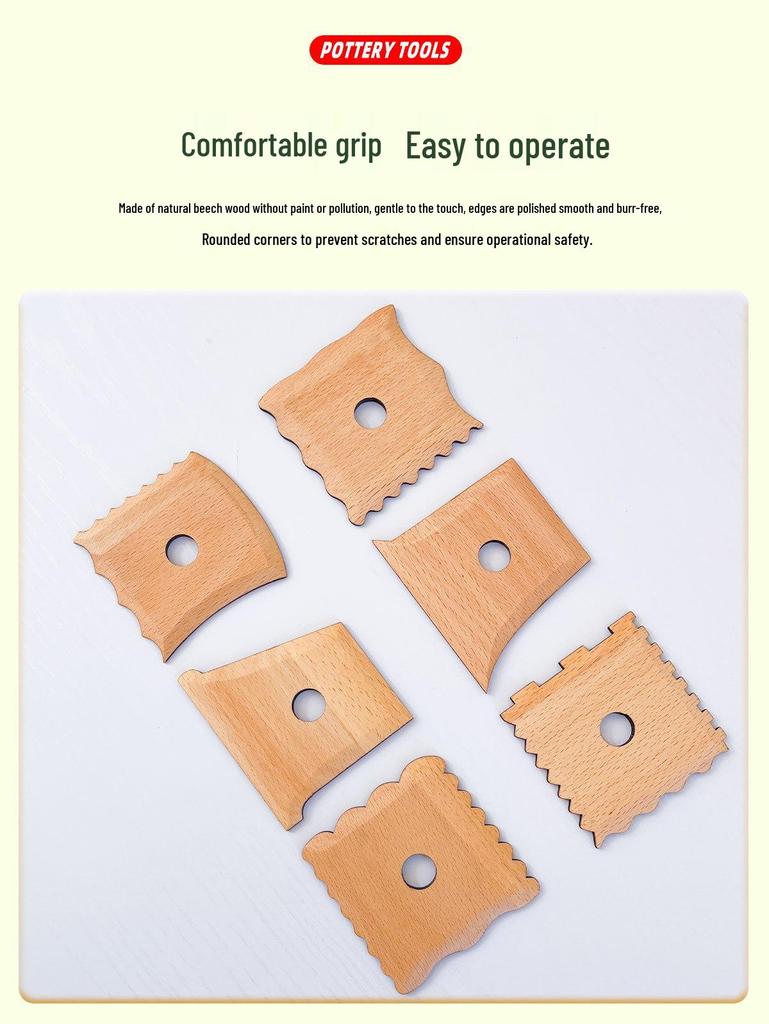 6-Piece Wooden Pottery Tool Set for Trimming, Shaping, and Sculpting Clay